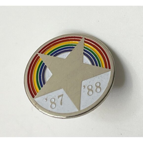Vintage Rainbow Star Pin Badge '87-'88 Silver Tone Round Jacket Pin - Picture 6 of 6